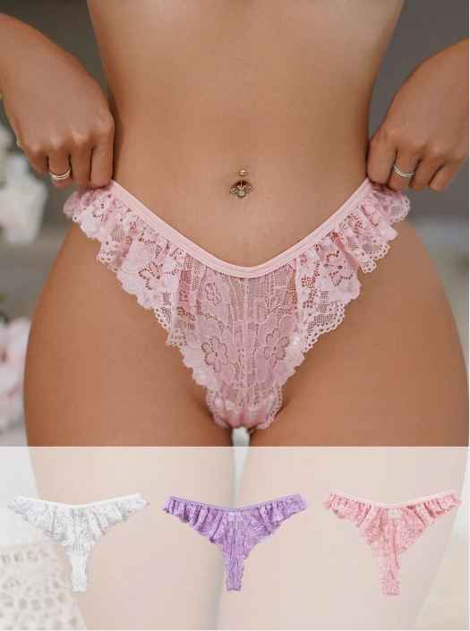 Tanga de encaje de color liso para mujer