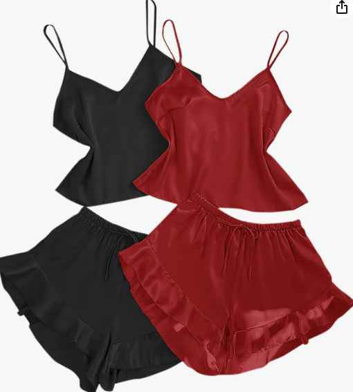 conjunto de pijama de satén de 2 piezas, sexy cuello en V con pantalones cortos con volantes, conjunto de pijama de lencería color negro