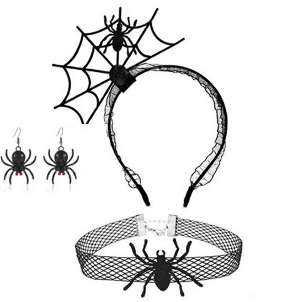 Set con forma de telaraña, diadema, aritos, gargantilla para Halloween