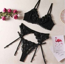 Lencería Sexy, ropa interior con bordado de encaje, conjunto de sujetador y bragas sexuales con realce de 3 piezas, tangas eróticas transparentes