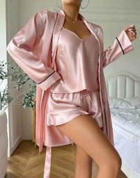 Conjunto De Pijama De Satin Simple, Bata De Manga Larga Con Cinturón Y Camiseta Con Cuello En V Y Pantalones Cortos