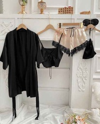 Conjunto de pijama con cinturón de satin y lazo delantero de encaje con pestañas en contraste, 5 piezas