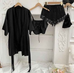 Conjunto de 3 piezas pijama de satin top y pantalones cortos color negro